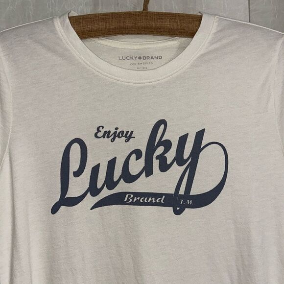 Lucky Brand S Ivory Classic Navy Logo Short Sleeve Tee Cloud Dancer - Picture 3 of 11
